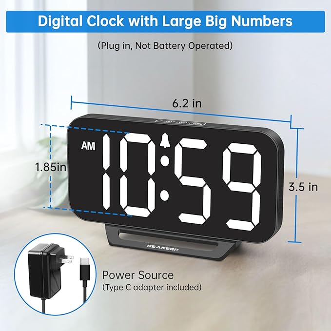 Peakeep Small Digital Alarm Clock for Bedrooms, Loud for Heavy Sleepers Adults, Dimmable Plug in Electric Large Numbers Clock Battery Backup, Slim Clock for Table Office Modern Living Room (BW)