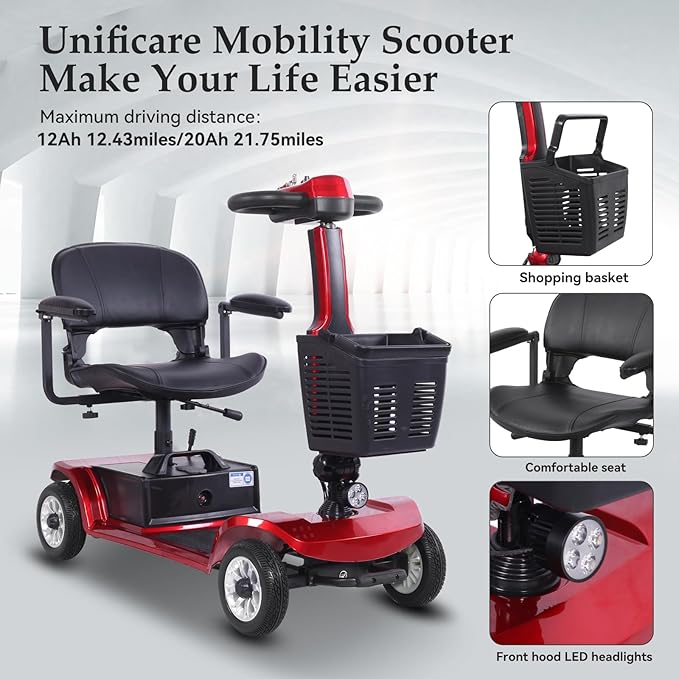 Movcan S-02 4 Wheel Electric Mobility Scooter for Adults & Seniors, 419 LB Capacity,Up to 4 MPH 22 Miles Long Range, Foldable Electric Wheelchair for Travel with 360° Swivel Seat & UL Certified Safety