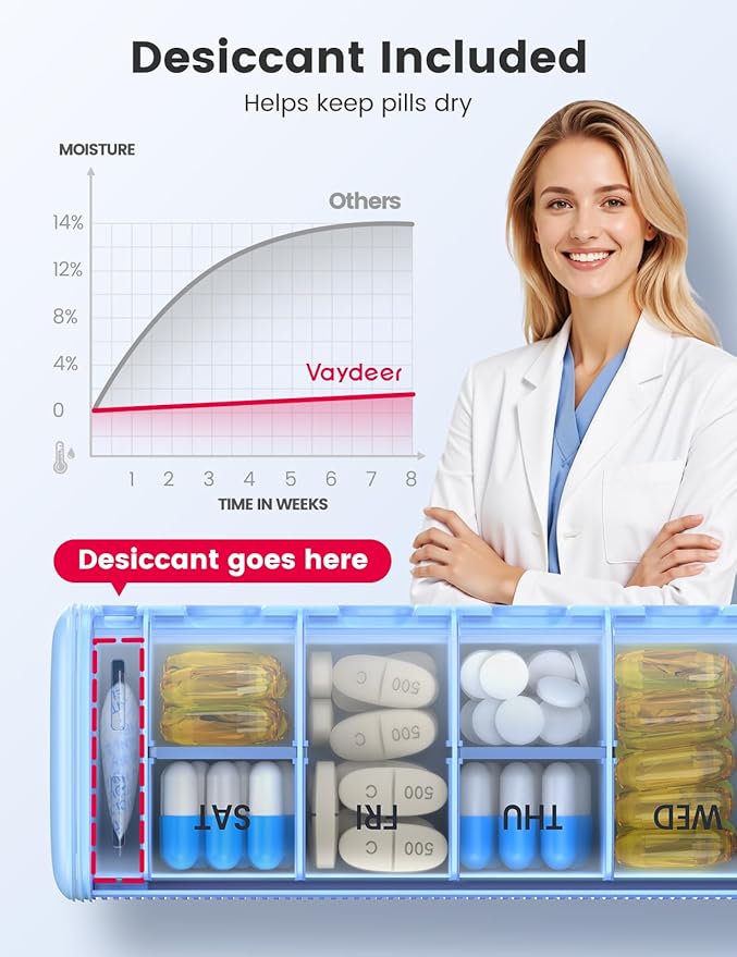 VAYDEER Metal Weekly Pill Organizer – Moisture-Proof Travel Pill Organizer with Built-in Desiccant Chamber and Airtight Lids – Large-Capacity Pill Box for Vitamins, Medicines & Supplements (Black)