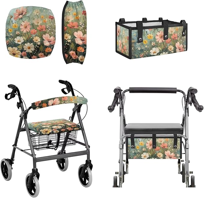 3 Pcs Sets Universal Fit Walker Seat Cover Rollator Walker Seat & Backrest Covers, Wildfloral Rollator Storage Under Seat Bag, Easy to Install Washable Reusable