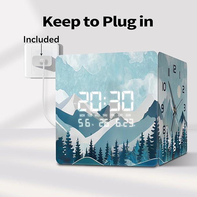 12'' Double Sided 90° Corner Wall Clock, Teal Mountain Moon, Radar Motion Activated, Analog & LED Display with Temp Humidity Date Day, Silent Non-Ticking Plug-in for Bedroom Living Room