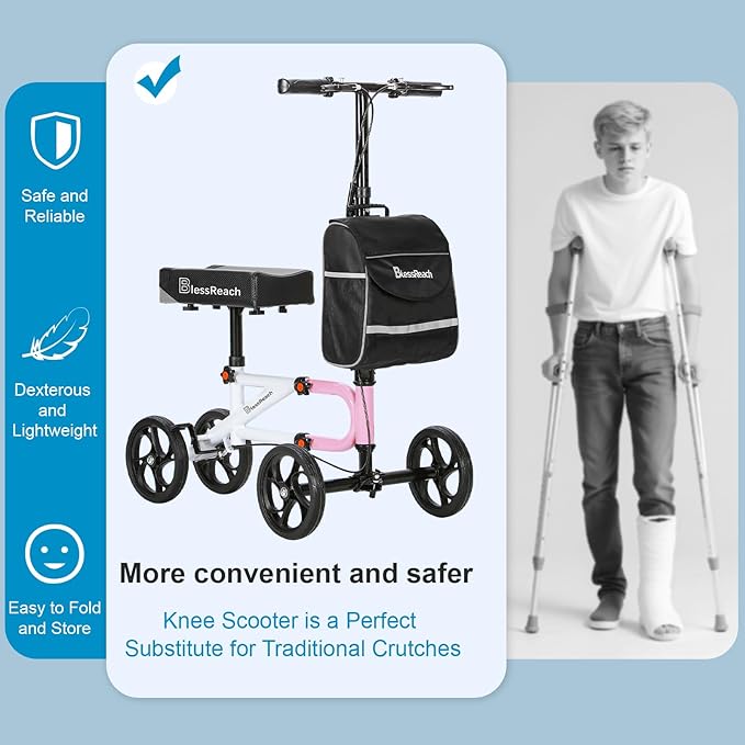 BlessReach Economy Knee Scooter Steerable Knee Walker for Foot Injuries Compact Crutch Alternative with Dual Braking System (Pink)