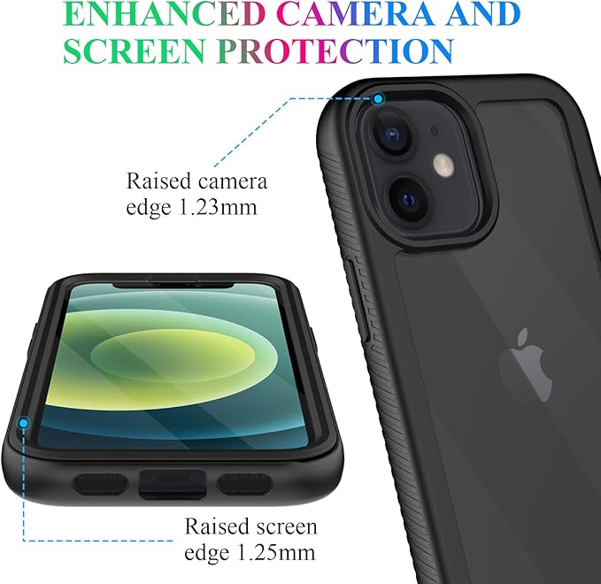 wahhle Compatible with iPhone 12 Mini Case, Built in Screen Protector Full Body Shockproof Slim Fit Bumper Protective Phone Cover 5.4'' Men Women-Black/Clear