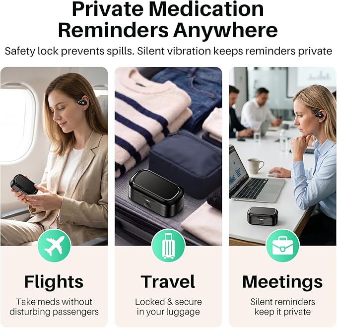 1Mii Smart Pill Dispenser with Alarm 5 Daily Reminders App Alerts Travel Pill Box with Bluetooth Headphones