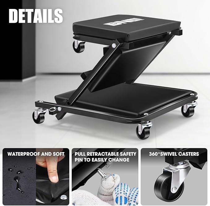 DNA Motoring 36 Inches Folding 2 in 1 Rolling Z Creeper, Adjustable Roller Garage Chair Lay Down or Sit, 6 Pcs Casters, 330 LBS / 150kg Weight Capacity, Black, TOOLS-00493