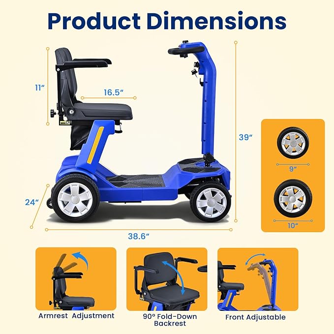 4 Wheels Foldable Mobility Scooter for Adults & Senior,15Miles Compact Heavy Duty Mobility Scooter, 300W Brushed Motor All Terrain, 265 lb Capacity Mobility Scooter, Adjustable Speed (Blue)