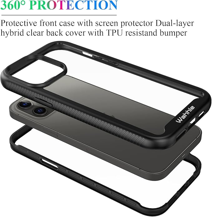 wahhle Compatible with iPhone 12 Pro Max Case, Built in Screen Protector Full Body Shockproof Slim Fit Bumper Protective Phone Cover 6.7'' Men Women-Black/Clear