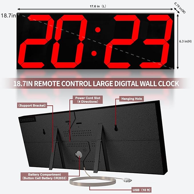 CHKOSDA 18.7‘’Large Digital Wall Clock,LED Digital Clock with Big Number,Multi-Function Remote Controlled Wall Clock with Timer, Alarm and Calendar Display(Red)