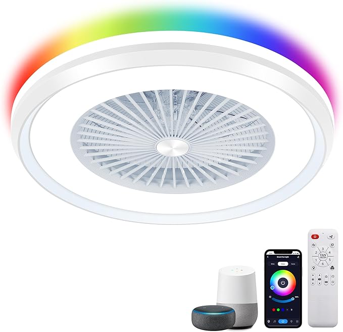 24" Bladeless Ceiling Fans with Lights and Remote/APP/Voice Control, Low Profile Ceiling Fan with RGB Lights, Smart Flush Mount Ceiling for 6 Speeds Timing Reversible
