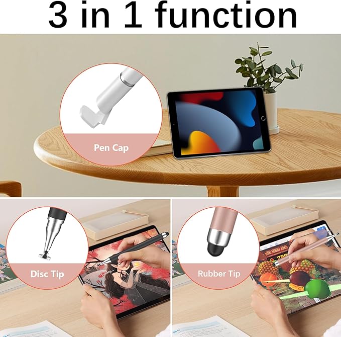 3 in 1 Stylus Pen for Touchscreen,iPad,iPhone,Stylus Pen with Pen Cap,High Precision & Sensitivity, Compatible for iPad/Android Tablets, Laptop and Touchscreens(Black/White/Rose Gold)