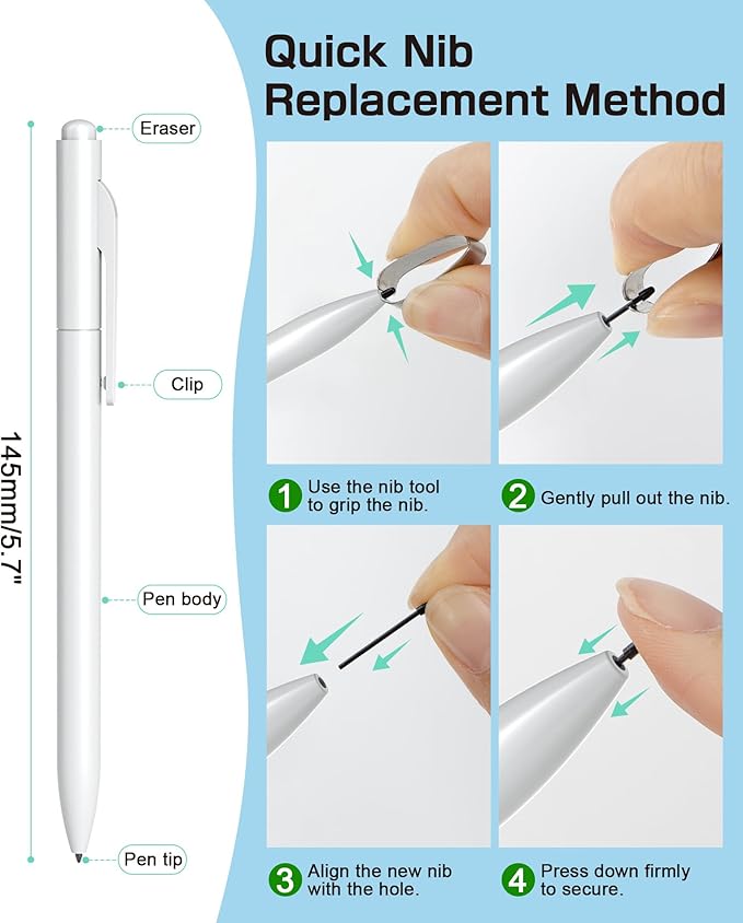 Ciscle EMR Stylus Compatible with Remarkable 2, Replacement Digital Pen with Eraser, 4096 Pressure Levels, Palm Rejection, Tilt Support (5 Pen Tips White)