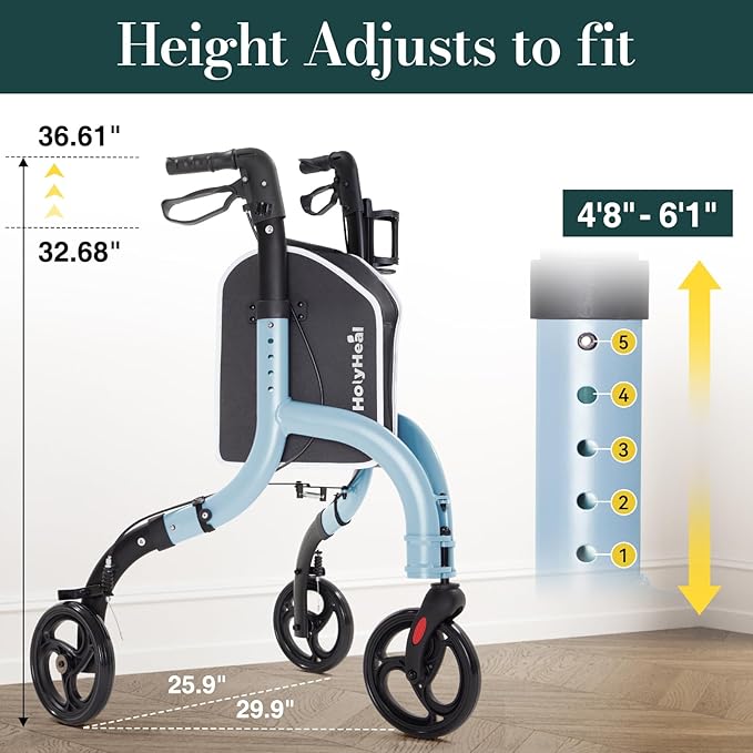 3 Wheel Walkers for Seniors, Lightweight Rollator Walkers Foldable for Elderly with Cane Hold and Cup Hold, Height Adjustable Aluminum Three Wheel Rolling Walker Mobility Aid, Blue