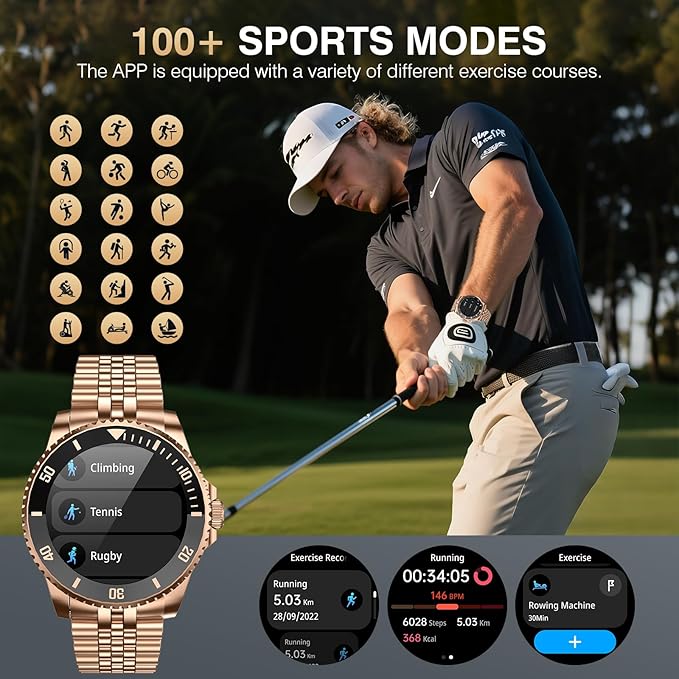 2025 DA GPT Smart Watch for Men,1.19-inch AMOLED Display, 24/7 Heart Rate, Blood Oxygen, Blood Pressure, Sleep Monitor, 107 Sports Fitness Tracker, Waterproof Smartwatch Compatible Android iOS Gold