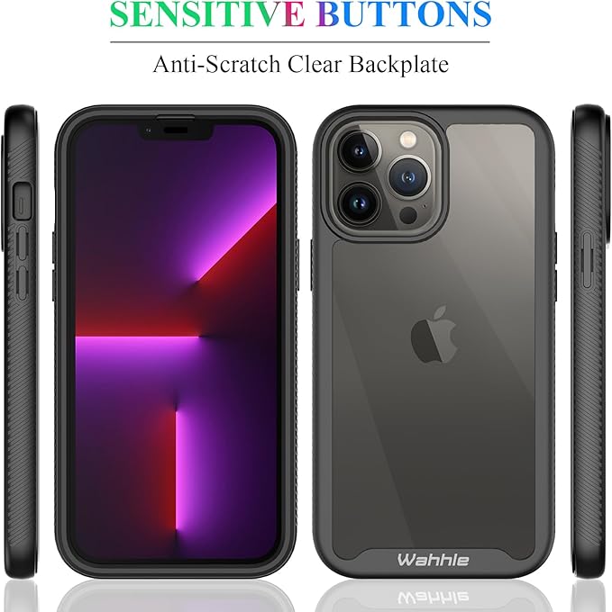 wahhle Compatible with iPhone 13 Pro Max Case, Built in Screen Protector Full Body Shockproof Slim Fit Bumper Protective Phone Cover 6.7'' Men Women-Black/Clear