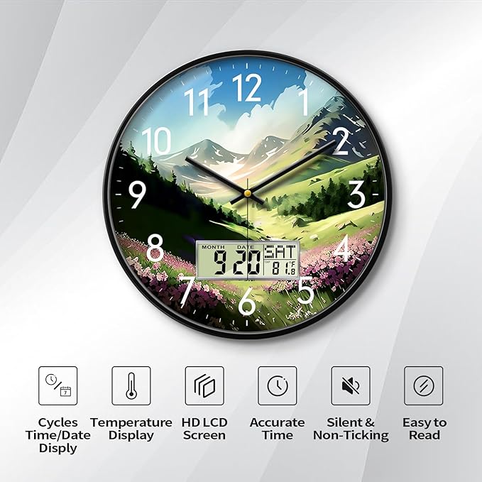 14'' Silent Non-Ticking Rustic Mountain Wildflowers Wall Clock, Battery Operated Analog with LCD Date Day Temp Display, for Living Room Bedroom Farmhouse Cottage Cabin Decor