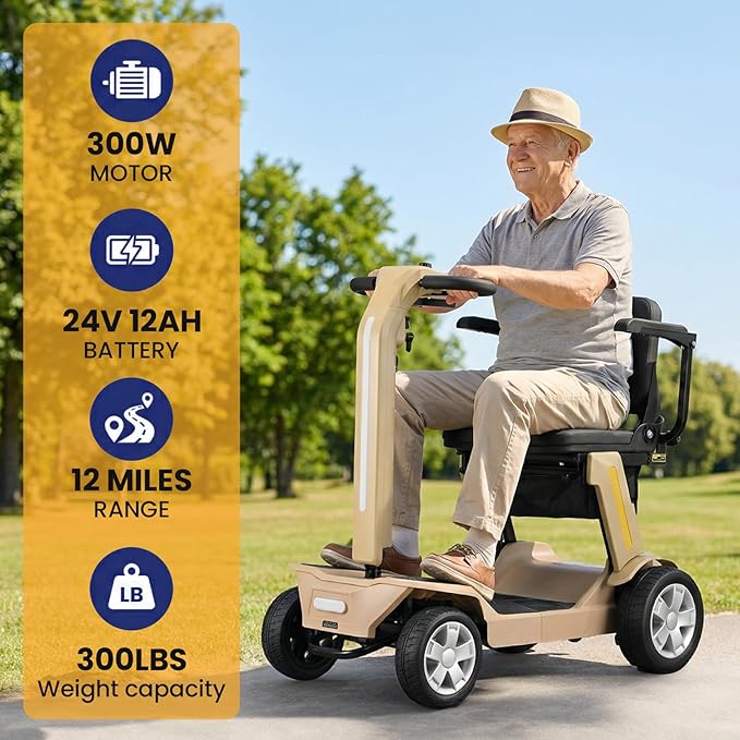 4 Wheels Foldable Mobility Scooter for Adults & Senior,15Miles Compact Heavy Duty Mobility Scooter, 300W Brushed Motor All Terrain, 265 lb Capacity Mobility Scooter, Adjustable Speed (Yellow)