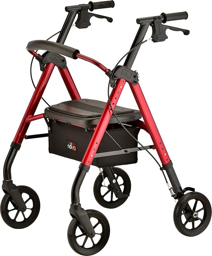 NOVA Star DX Heavy Duty Bariatric Rollator Walker, Wide Padded Seat, 450 lb Capacity, 8” Rugged All-Terrain Wheels, Easy-Grip Locking Hand Brakes, Fold Lock, Height Adjustable, Red