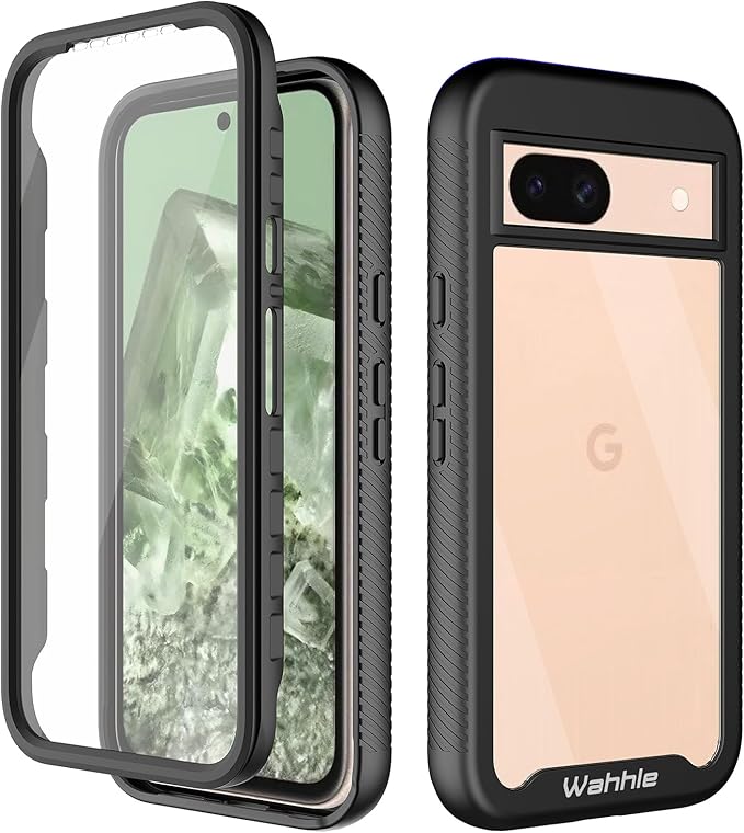 wahhle Compatible with Google Pixel 8A Case, Built in Screen Protector Full Body Shockproof Slim Fit Bumper Protective Phone Cover for Pixel 8A Men Women-Black/Clear