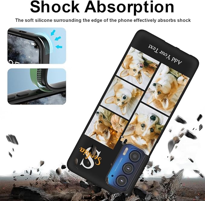 Personalized Picture Case for Motorola Moto Edge 2021 Customized Name Initials Phone Cover, Custom Multi-Picture Collage Shock-Resistant Soft Protective TPU Case, Gifts for Mother's Day, Black