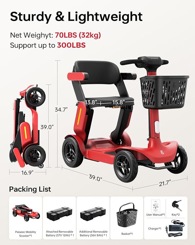 40 Miles Powered Folding Mobility Scooter S3, Two Detachable Battery Foldable Electric Scooter with AI Safety System for Seniors Adults, 300 lbs Load Capacity, 6 MPH Speed, All Terrain