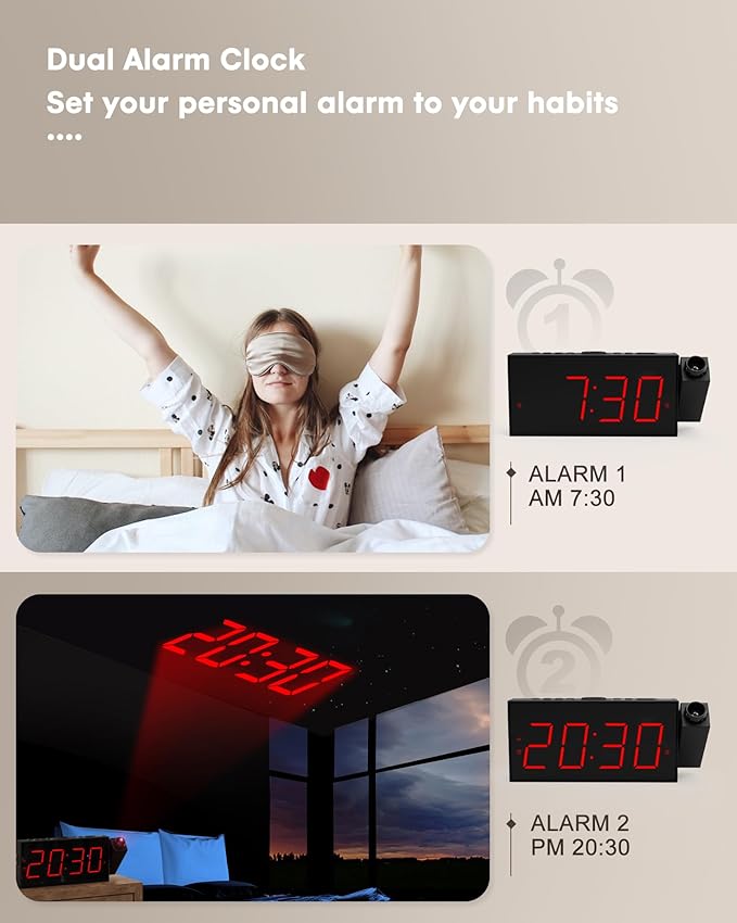 OnLyee Projection Alarm Clock for Bedroom,LED Digital Clock on Ceiling Wall with USB Phone Charging,Battery Backup,180° Rotatable Projector& Dimmer,12/24H,DST,Snooze,Dual Loud Bedside Heavy Sleeper