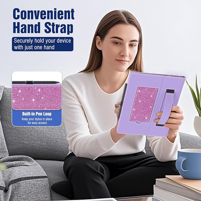TiMOVO Universal Case for 10.1 Inch Android Tablet with Pen Loop, Lightweight Folding Stand Cover with Hand Strap for All 9.6"-11" Touchscreen Tablet, Glitter Purple