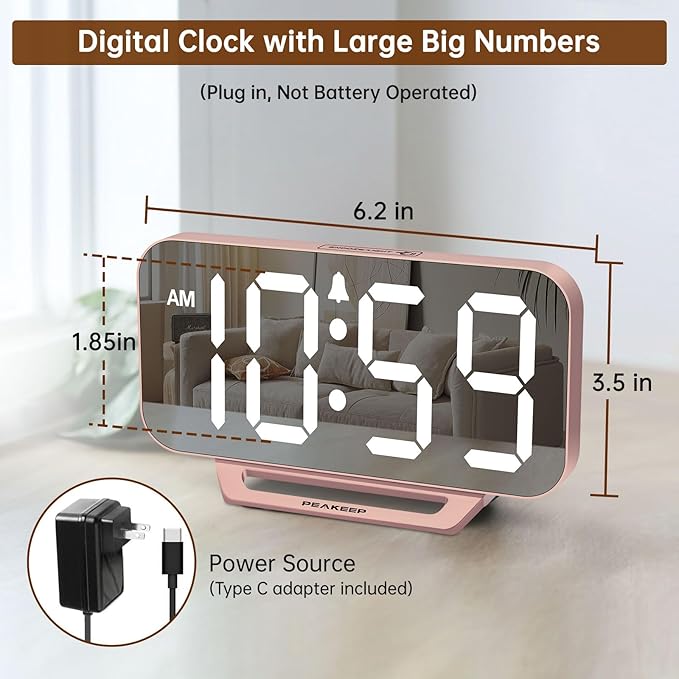Peakeep Slim Digital Mirror Aesthetic Alarm Clock for Bedroom Living Decor, Plug in Electric Clock Big LED Modern Small Table Clock for Office Desk, Battery Backup, 6 Dimmers (Rose Gold)