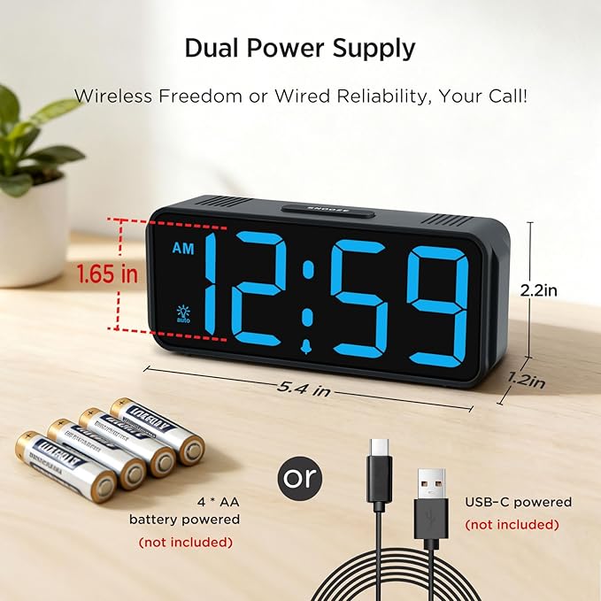 Peakeep Small Mini Digital Alarm Clock Battery Operated for Bedroom Travel, 1.65" Numbers Large Display Cordless Clock for Beside Seniors Elderly, Auto Manual Dimmers, 5 Levels Volume