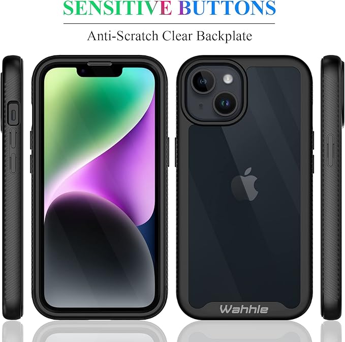 wahhle Compatible with iPhone 13 Case, iPhone 14 Case, Full Body Shockproof Protection Built-in Touch Sensitive Anti-Scratch Screen Protector Soft Edge Slim Cover for 14/13 6.1 Inch, Black/Clear