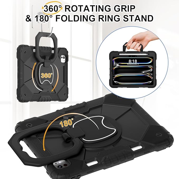 Dteck for iPad Pro 11 inch (M4/M5) 2024/2025 Release Shockproof Case with Shoulder Strap/Pencil Holder/Rotating Kickstand Handle, Heavy-Duty Sturdy Rugged Cover, Protective Hard Tablet Shell, Black
