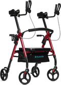 ELENKER Heavy Duty Upright Rollator Walker with Extra Wide Padded Seat and Backrest, Bariatric Stand Up Rolling Walker, Fully Adjustment Frame for Seniors, Red