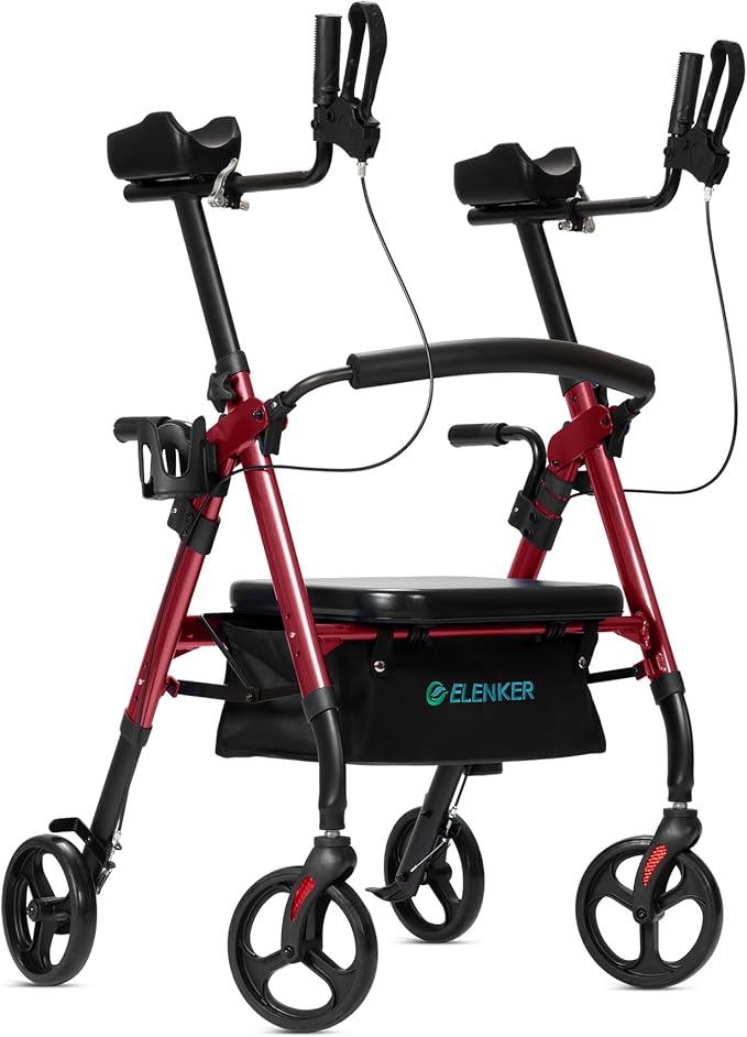 ELENKER Heavy Duty Upright Rollator Walker with Extra Wide Padded Seat and Backrest, Bariatric Stand Up Rolling Walker, Fully Adjustment Frame for Seniors, Red