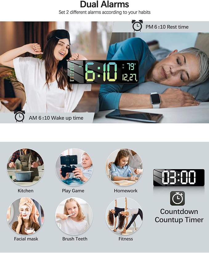 JoFomp Modern 16" Large Digital Wall Clock with Remote Control, LED Display, Auto-Dimming, Countdown, Temperature, Calendar - 12/24Hr Format - Silent Wall Clock for Home, Office (Gradient Green)