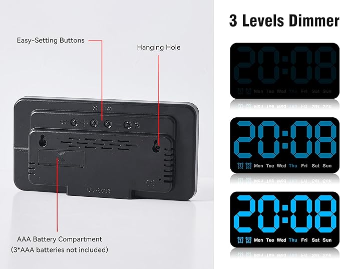 9.5 Inch Large Digital Wall Clock with LED Display, Auto DST, Dual Alarm with Snooze, Adjustable Brightness, Temperature & Date Display, Wall Mount or Desk Clock for Bedroom, Living Room, Office,-Blue