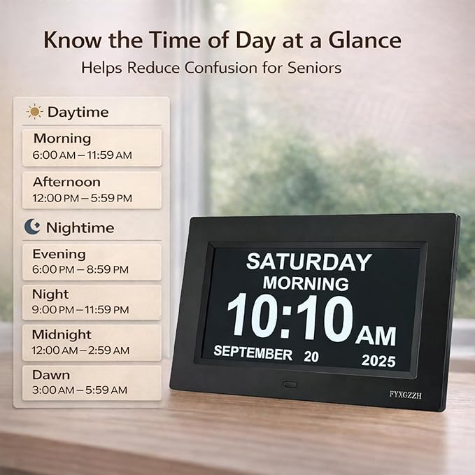 Large Display Digital Dementia Clocks for Seniors, 7'' Day Date Time Calendar Clock for Elderly, Simple Setup, 19 Alarm Reminders, Adjustable Brightness, DST