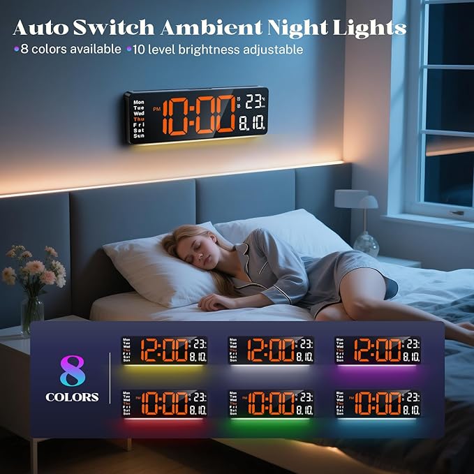 16" Large Digital Wall Clock with Remote Control, Large Display LED Clock for Classroom, Bedroom, Living Room, Gym, Office, Garage with Date, Week, Alarm, Temp, Night Light