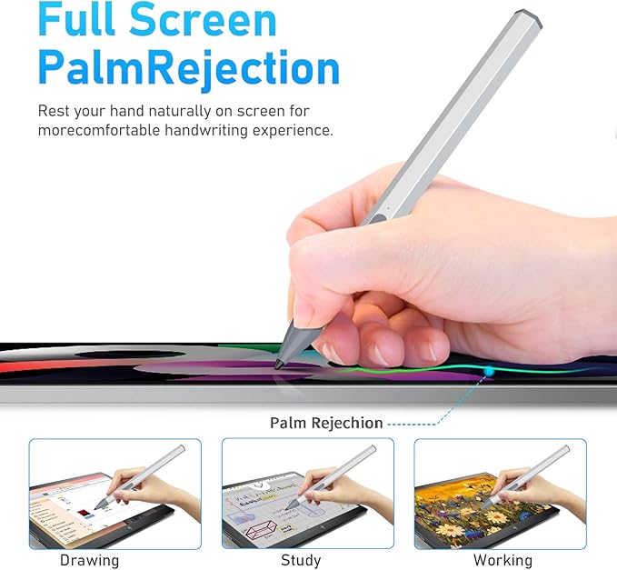 Stylus Pen for HP Envy X360 Pavilion X360 Specter X360 Spectre X2 Envy X2 Rechargeable MPP 2.0 Tilt Active Pen with 4096 Pressure Sensitivity, Palm Rejection, Hexagonal Pen Design, Silver