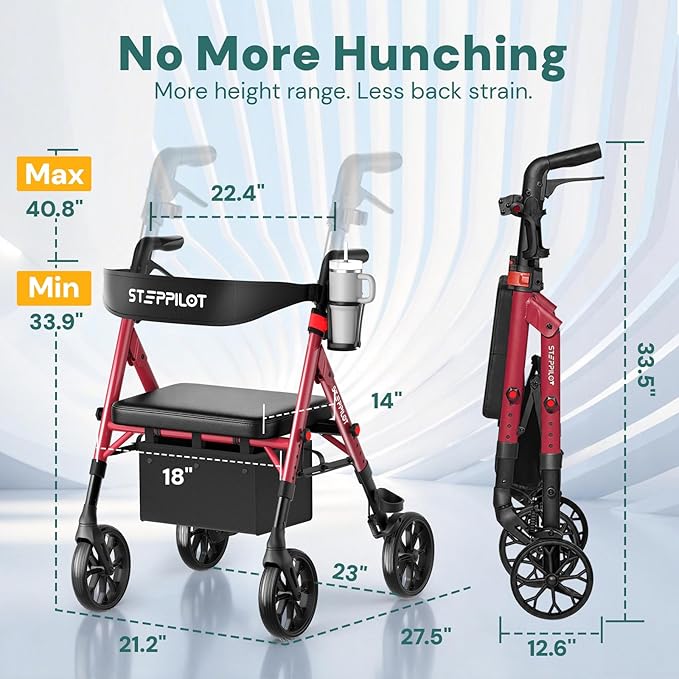 Bariatric Rollator Walker with Seat for Seniors, 500lb Capacity Aluminum Frame, Zero Wobble, 16lb Lightweight, 8" All Terrain Wheels, 10-Level Adjustable Handle/Seat, Cup Holder, Cane Clip