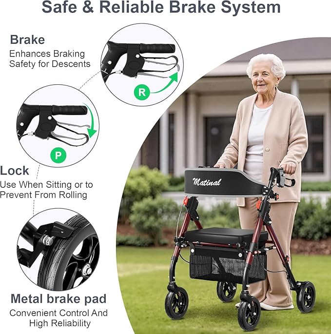 Foldable Rollator Walkers with Seat for Seniors, Lightweight Rollator Walker with 8" Big Wheels, Height Adjustable Ergonomic Rolling Walker Seat, Aluminum and Carbon Steel (Burgundy)