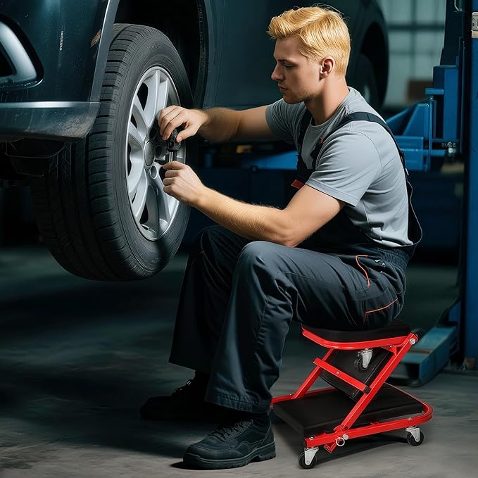 Magshion 40" Triplex Folding Creeper and Rolling Seat 2-in-1 330 lbs Capacity Foldable Mechanic Creeper Garage Stool Lay Down or Sit (Red)