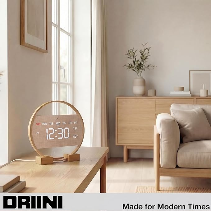 Driini Large Digital Wall Clock -Round Digital Bamboo Wooden Wall Clock with Large Display - LED Wall Clock - Auto-Dimming – Plug in USB with Temperature & Humidity – Large Wall Clock for Living Room.