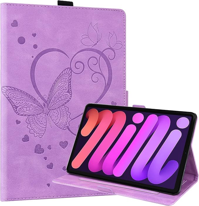 Dteck for iPad mini (A17 Pro/A15) 7/6th Generation Case 2024/2021 Release (8.3"), PU Leather Protective Case with Auto Sleep Wake & Stand Function/Card Slots, Lightweight Cute Case, Butterfly Purple