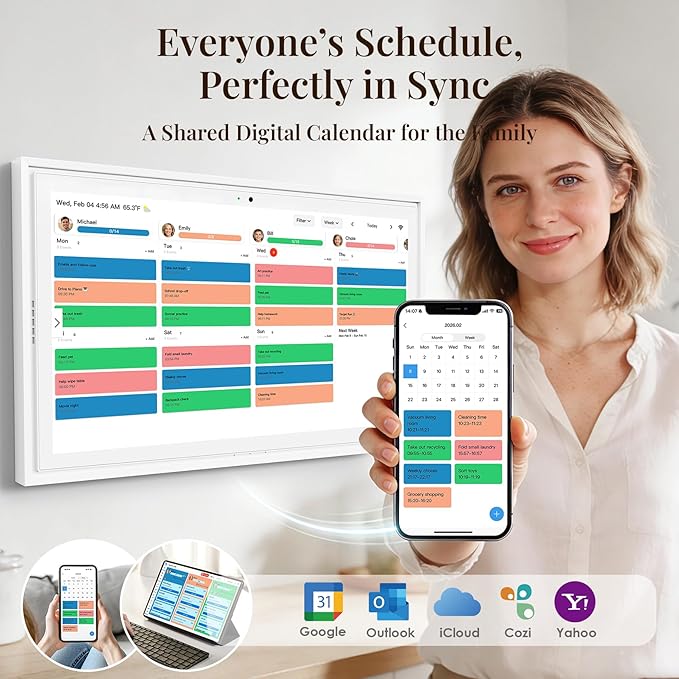 15.6" Electronic Wall Calendar & Digital Family Planner, 2K Smart Touchscreen Display with Video Call, Chore Chart & Shared Family Schedule, 4+64GB, Wall or Desk Mount, Interactive Calendar Organizer