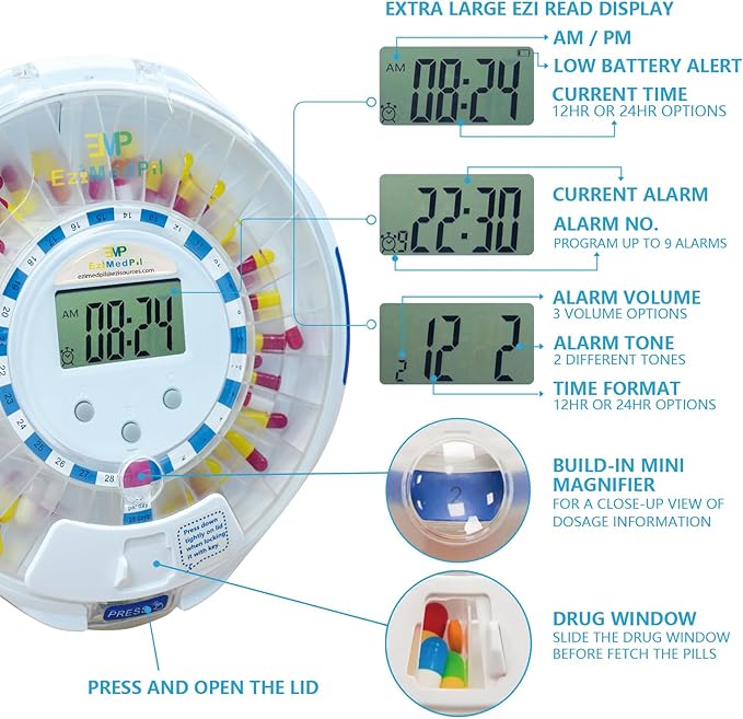 EziMedPil Bluetooth Pill Dispenser w/Sound & Light Alerts, up to 9 Alarms/Daily, Key Lock, LCD & Easy Setup on SmartLife App, 28-Day Medication Dispenser for Prescriptions, Vitamins & More, Clear Lid