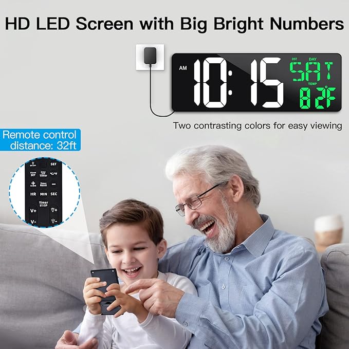 17 Inch Large Digital Wall Clock with Remote Control, Automatic Brightness Dimmer Digital Wall Clock Large Display with Day/Date/Temperature, Snooze, Count Up & Down Timer for Living Room, Office, Gym