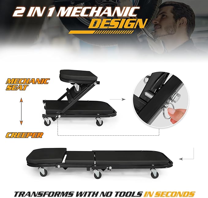 Magshion Garage Creeper Seats on Wheels, Length 40" 330 lbs Capacity 2 in 1 Folding Mechanic Creeper Garage Stool Lay Down or Sit (Black)