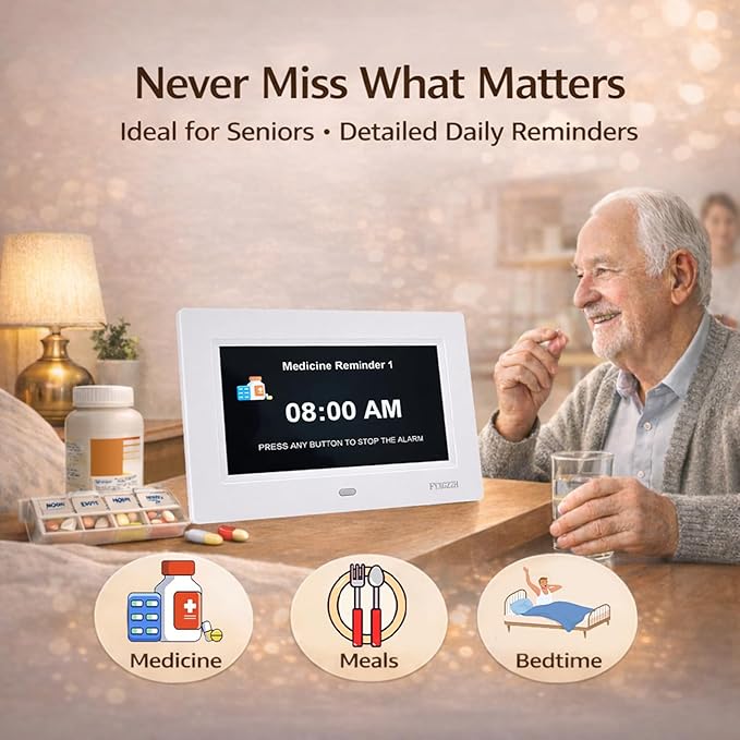 Large Display Digital Dementia Clocks for Seniors, 7'' Day Date Time Calendar Clock for Elderly, Simple Setup, 19 Alarm Reminders, Adjustable Brightness, DST