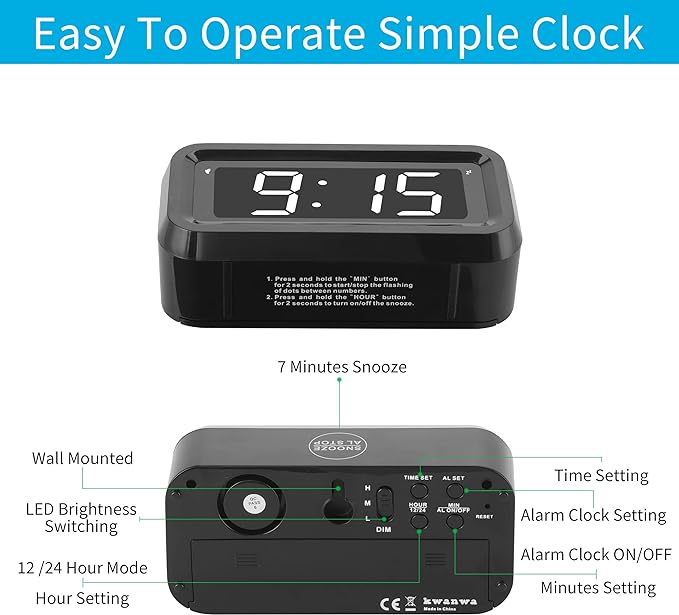 KWANWA Kids Alarm Clock, White LED, Battery, Auto-Night Mode, 12Hr/24Hr, Small, Travel, Bedside, Wall-Mount/Table-top, Easy to Read