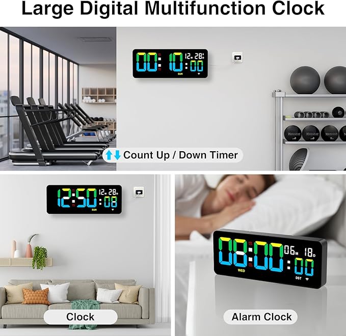 XREXS 12.2 Inch Digital Wall Clock WiFi Sync with Remote Control, Large LED Screen with Time/Calendar/Seconds Display, Count Up & Down Timer, 2 Alarm Clock for Home, Office and Classroom