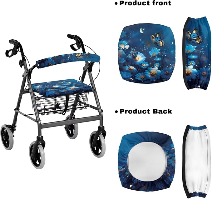 3-Piece Walker Seat Cover & Storage Bag Set, Blue Butterfly Rollator Walker Accessories for Elderly, Padded Universal Fit Seat Cover with Storage Pouch, Easy Insall Basket